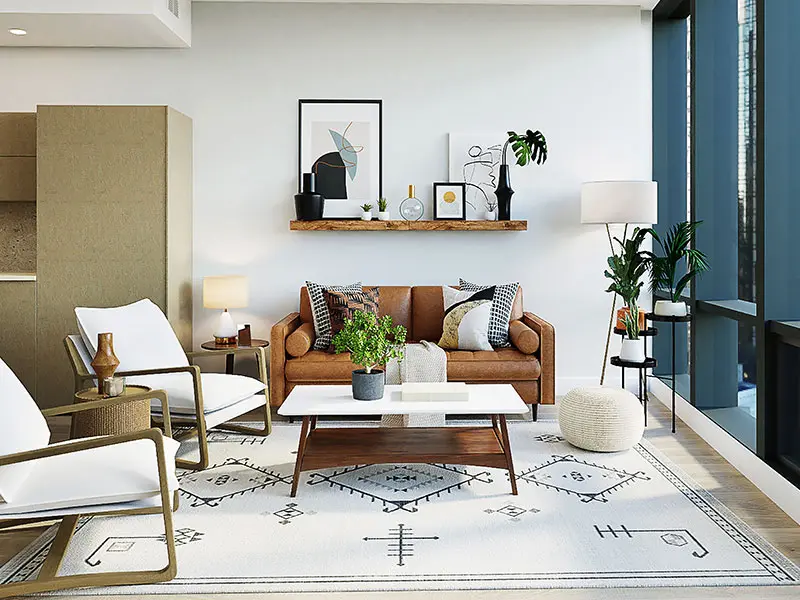 A living room with a couch, chair and coffee table.