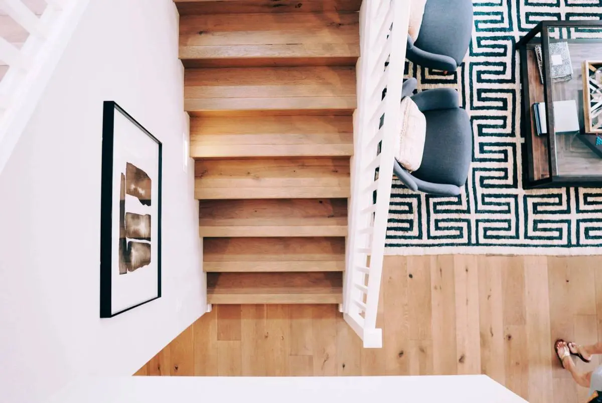 A view of the top floor stairs from above.